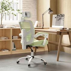 an office chair sitting in front of a desk with a plant on it and bookshelves