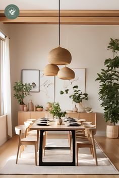 a dining room table and chairs with plants hanging from the ceiling above it in front of a window