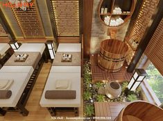 an aerial view of a restaurant with wooden tables and chairs