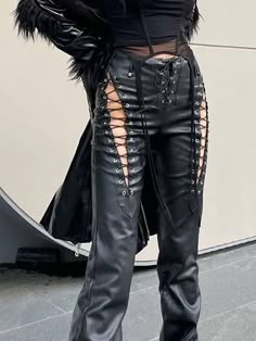 Lace Up Leather Pants Cut-out Lace Up Pu Leather Pants - AnotherChill Cool Leather Pants, Leather Aesthetic Outfit, Leather Pants Aesthetic, Leather Lace Up Pants, Lace Up Leather Pants, Leather Pants Style, Red Leather Pants, Lace Up Pants, Leather Pants Black