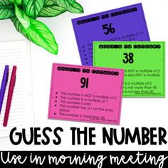 three cards with numbers on them and the words guess the number in morning writing practice