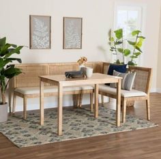 a living room filled with furniture next to a plant and potted plants on top of a rug