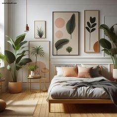 a bed sitting in a bedroom next to two potted plants on top of a wooden floor