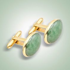 Elegant and sleek, a timeless set of oval shaped cufflinks made by hand by Guatemalan artisans. Mint Green Jade (15x12mm cabochons) 14 KT Gold Available in different Jade colors, on request The Roaring 20s, Gold Cufflinks, Roaring 20s, Jade Jewelry, Green Jade, Jade Green, Mint Green, Cufflinks, Jade