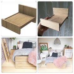 three different pictures of a bed with drawers