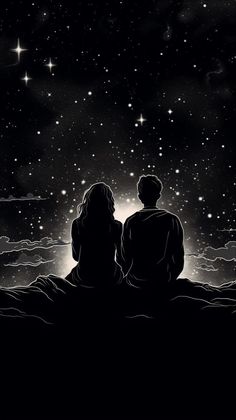 two people sitting on the ground looking at the stars in the night sky with their backs to each other