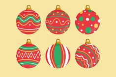 six christmas ornaments with different designs on them, including one red and green ornament