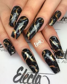 Black And Gold Nails, Marble Acrylic Nails, Marble Nail Designs, Gold Nail Art, Marble Nail