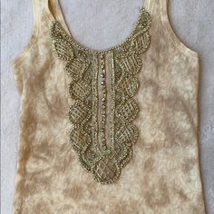 Nwot Never Worn! Don’t Have Anything To Wear It For So I’m Selling. Would Look Really Cute With A Black Mini Skirt. Reasonable Offers Accepted. Smoke Free Home With Hypoallergenic Pets. Gold Embellished Summer Top, Gold Embellished Tops For Summer, Beige Embellished Sleeveless Top, Sleeveless Embellished Beige Top, Fitted Embellished Beige Tops, Summer Aesthetic Outfit, Black Mini Skirt, Aesthetic Outfit, Black Mini