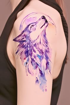 a woman with a wolf tattoo on her upper arm and shoulder, painted in watercolor