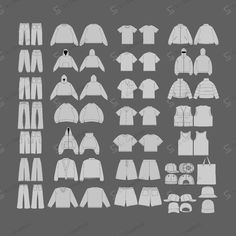 the silhouettes of clothing for men and women, all in white on grey background