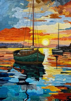 a painting of sailboats in the water at sunset