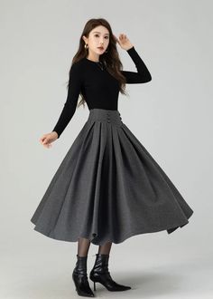 Wool skirt, Long Wool skirt, Wool midi skirt 4552 Fashion Types, Long Wool Skirt, Warm Skirts, Dark Grey Skirt, 1950s Skirt, Skirt Diy, Skirt Wool, Classic Clothes, Full Maxi Skirt