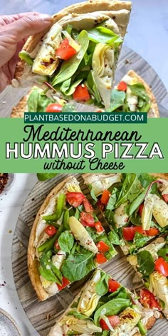 a close up of a pizza on a plate with the words mediterraneana hummus pizza without cheese