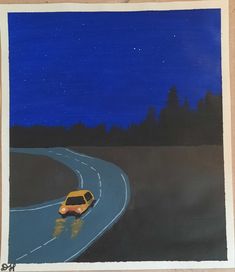 a painting of a school bus driving down a road with trees in the background at night