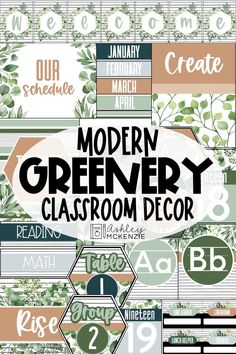 modern greenery classroom decor is featured in this graphic art workbook, with the title'modern greenery classroom decor '