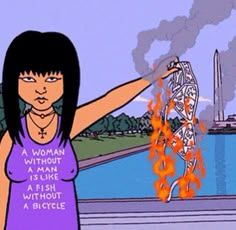 a woman in purple shirt standing next to fire