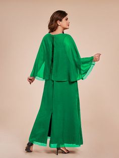 Upgrade your mother of the bride look with our Classy Column Ankle Length Chiffon dress. The elegant chiffon material flows beautifully, while the crystal embellishments add a touch of glamour. Perfect for any wedding or special occasion, this dress will make you feel confident and sophisticated.    Attention!     The cape is a layer of chiffon (Refer to the picture below) Formal Green Georgette Gown, Elegant Green Chiffon Dress For Wedding, Green Chiffon Mother Of The Bride Dress For Wedding, Chiffon Wedding Guest Maxi Dress, Green Chiffon Wedding Dress, Georgette Chiffon Maxi Dress For Wedding Guest, Green Chiffon Evening Dress For Wedding Guest, Georgette Floor-length Maxi Dress For Wedding Guests, Green Floor-length Chiffon Wedding Dress