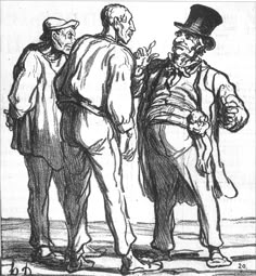 three men standing next to each other in black and white ink, one wearing a top hat