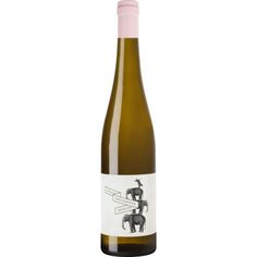 a bottle of wine with an elephant and giraffe design on the label, in front of a white background