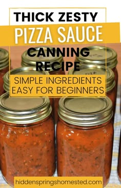 several mason jars filled with pizza sauce and text that reads, thick zesty pizza sauce canning recipe simple ingredients easy for beginners