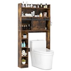 a wooden shelf over a toilet filled with bathroom items