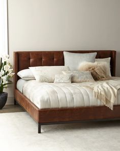 Four Hands Patterson Tufted Platform Queen Bed and Matching Items & Matching Items | Horchow White And Cognac Bedding, Linen Chesterfield Bed, Black Leather Headboard Bed, King Furniture Australia, Ottoman Bed Leather, Nieman Marcus Furniture, Bedding With Black Leather Headboard, Leather Tufted King Bed, Cozy Bedroom Beds & Frames