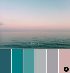 an ocean scene with blue, pink and green colors in the sky is featured on this color palette