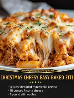 a christmas cheesy baked ziti recipe on a plate