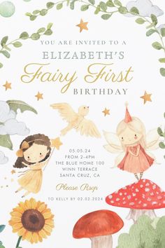 Cute fairy first birthday party invites for girls featuring adorable watercolor woodland fairies. First birthday party invitations. afflink Birthday Mushroom, Woodland Invitation, Woodland Fairies, Watercolor Woodland, Birthday Party Invites, Woodland Fairy