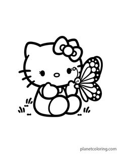 a hello kitty coloring page with a butterfly in it's hand and the word hello kitty