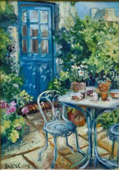 an oil painting of a table and chairs in front of a blue door with flowers