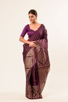 Dark Wine Handwoven Banarasi Silk Saree - Anvi Couture Elegant Purple Blouse Piece With Cutdana, Elegant Brocade Dupatta, Purple Cotton Silk Traditional Wear For Wedding, Purple Cotton Silk Traditional Wedding Wear, Elegant Purple Saree With Zari Work, Elegant Purple Saree With Cutdana, Elegant Brocade Traditional Wear For Festive Occasions, Elegant Festive Blouse Piece With Traditional Patterns, Elegant Festive Blouse With Traditional Patterns