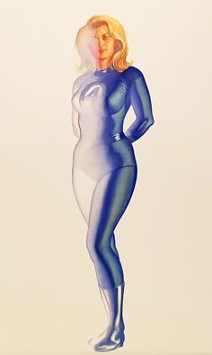 a painting of a woman in blue and white with her hands on her hips, standing