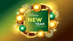 happy new year celebration card with gold and green balls, fireworks and sparkles on a green background