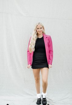 This matte faux leather jacket features a classic collared and button front fit with a slim tailored shape. Our has the look and feel of real leather and it's incredibly soft and supple, so it hangs well. Pair this easy blazer over dresses or with dress pants, or dress it down with jeans. Also available in black! runs true to size with a boyfriend cut you will love the pinstripe satin lining has some stretch model, Lauren is wearing a size small Trendy Pink Blazer With Notch Lapel, Trendy Fitted Leather Jacket With Lapel Collar, Fitted Faux Leather Blazer For Night Out, Fitted Faux Leather Blazer With Notch Lapel, Trendy Leather Jacket With Lapel Collar For Spring, Single Button Long Sleeve Leather Jacket For Fall, Fitted Faux Leather Jacket With Notch Lapel, Single Button Leather Jacket With Long Sleeves For Fall, Fitted Single Button Leather Jacket For Fall