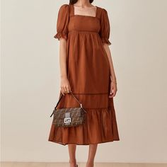 Nwt Reformation Bekkah Dress. Size Xl. Color - Cinnamon. Brown Square Neck Midi Dress, Spring Midi Dress With Square Neck In Brown, Spring Brown Midi Dress With Square Neck, Brown Square Neck Midi Dress For Spring, Elegant Brown Midi Dress For Daywear, Elegant Square Neck Midi Dress For Vacation, Brown Square Neck Dresses With Ruffles, Chic Brown Dress With Square Neckline, Chic Brown Square Neck Dress