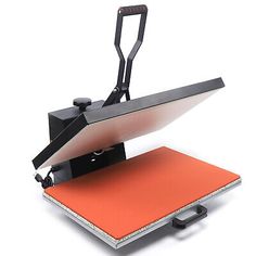 an orange and black heat press machine on a white background with clippings to the side