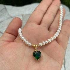 Real Pearl Necklace Green Heart Charm Freshwater Pearl - Etsy Green And Pearl Necklace, Green Charms, Real Pearl Necklace, Pearl Necklace Wedding, Green Heart, Necklace Green, Real Pearls, Handmade Jewelry Diy, Pearl Wedding