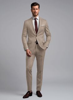 Nuzzle up the pinnacle of elegance with our London Loom Brown Stripe Wool Silk Linen Suit is crafted with the utmost care from a harmonious blend of luxurious wool, sumptuous silk, and airy linen. This ensemble showcases the zenith of refined taste, draped in a rich brown hue adorned with delicate stripes. Whether navigating important business meetings or gracing a glamorous soirée, this ensemble wraps you in an aura of unwavering confidence and enduring fashion.  The  London Loom Collection   masterfully blends the durability of wool, the luxury of silk, and the breathability of linen, reflecting the elegance of English tailoring. This fabric offers season-spanning comfort, refined drapes, and natural coolness. Woven with traditional expertise, it stands as a testament to quality, style,