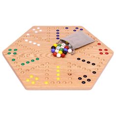 a wooden board game with several colorful balls on it