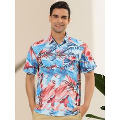 Outstanding Hawaiian floral print design to build up your special character. The lightweight and soft-touch fabric will keep you comfortable to wear all day long. The special allover floral prints are smart and unique and make everything not boring. You can pair it with pants, jeans, or shorts to complete your casual look. Suitable for beach parties, travel, hang out, work, dating, college, casual activities, and everyday wear. Summer Hawaiian Shirt In Blue With Prints, Summer Blue Hawaiian Shirt With Prints, Blue Vacation Shirt With All Over Print, Vacation Blue Shirt With All Over Print, Blue Shirt With All Over Print For Vacation, Blue All Over Print Vacation Shirt, Summer Patterned Hawaiian Shirt, Blue Shirt With All Over Print For Spring, Hawaiian Shirt With All Over Print For Spring