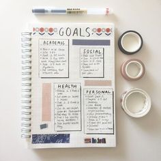 a notebook with some writing on it next to two cups and a pen, along with other items