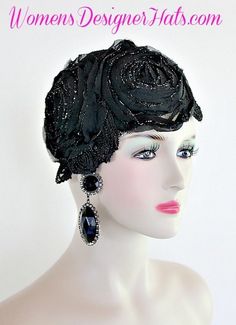 Black And Metallic Silver Couture Cocktail Formal Hat For Women. Hand Made 1920's Flapper - Art Deco Era Designer Fashion Hat. This Designer Hat Is Trimmed With A Black And Metallic Silver Flower Rose Applique Covering A Large Portion Of The Hat. A Stunning Vintage Orange Beaded, Metallic Silver, Black Velvet Trim Encircles The Crown Of This Couture Pillbox Hat. Measurements: 22.5" Crown Size, Soft Crown Style - Fits Most Women. New Condition - Custom Made Couture Fashion Hat Material: Black... Silver Couture, Formal Black Dress, Juliet Cap, Flapper Headpiece, Formal Hat, Flapper Art, Black Wool Hat, Custom Made Hats, 1920's Flapper