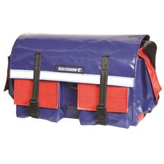 a blue and red messenger bag with two straps