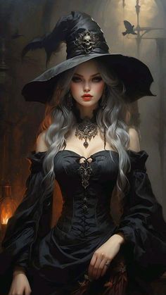 a woman in a black dress and hat with long white hair wearing a witch costume