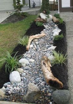 a garden with rocks, grass and plants in the front yard is very nice to have