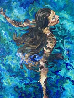 a painting of a woman floating in the water with her arms outstretched and legs spread out