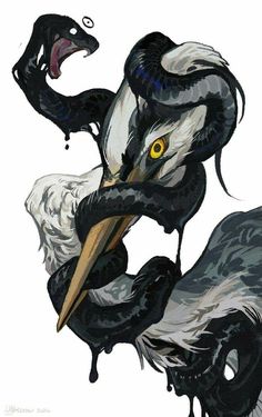 a drawing of a black and white bird with large yellow eyes holding a snake in it's mouth