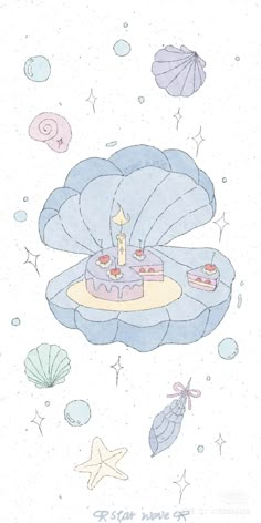 a drawing of a birthday cake on top of an ocean shell with seashells around it